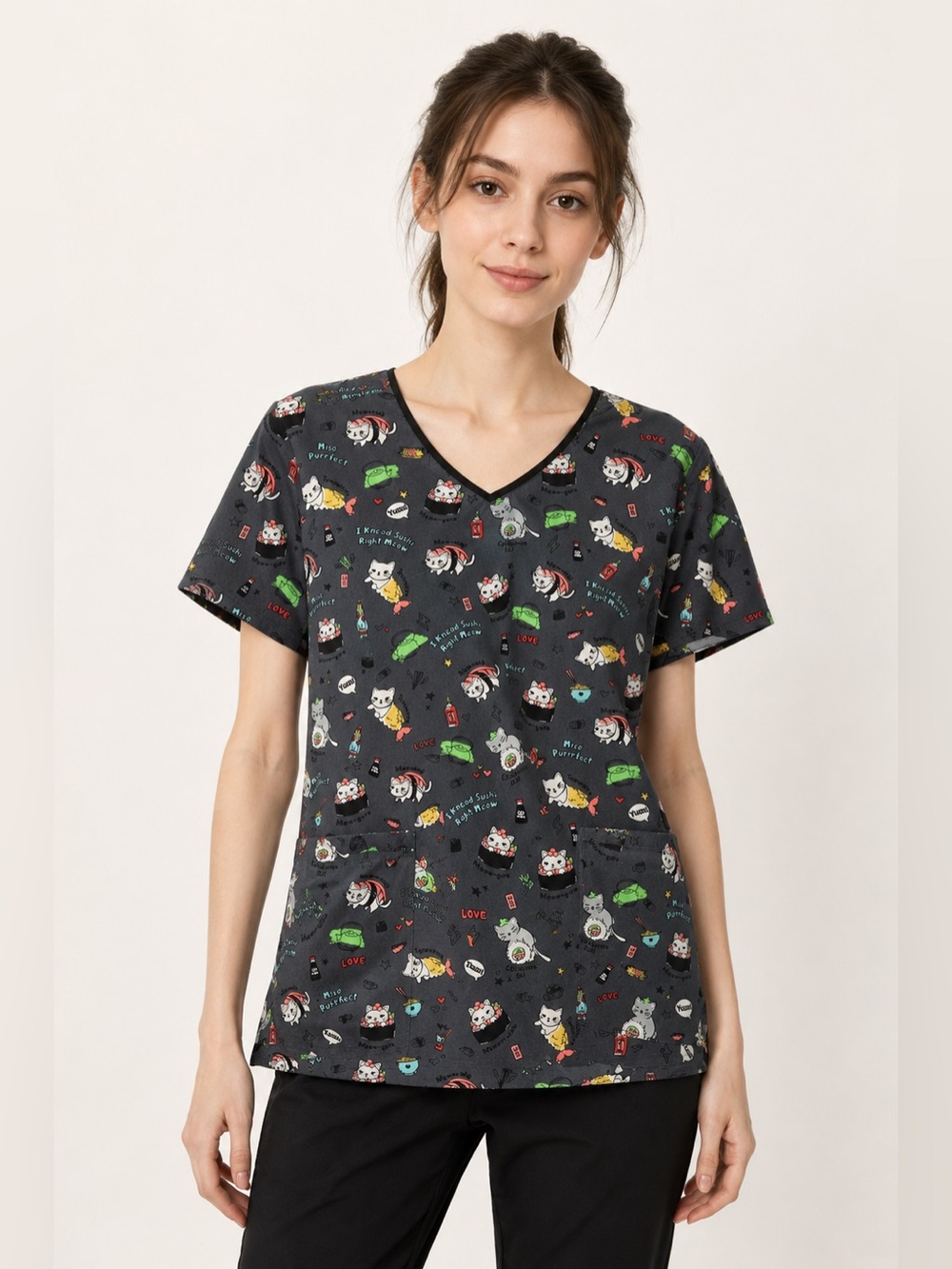 Dickies DK852 Miso Purr-fect Sushi Cat Scrub Top Women’s L Gray Nurse Vet